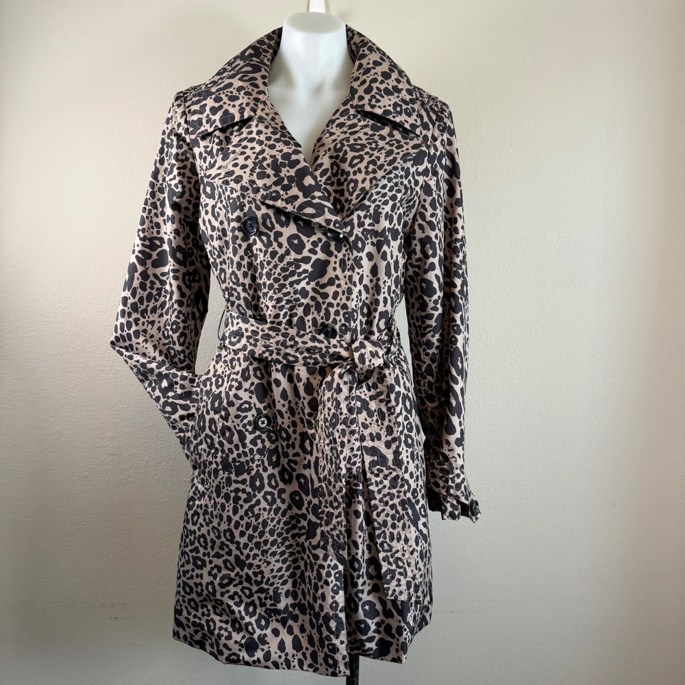 Leopard Print Trench Coat Medium Belted Double Breasted Y2K Chic Animal Print